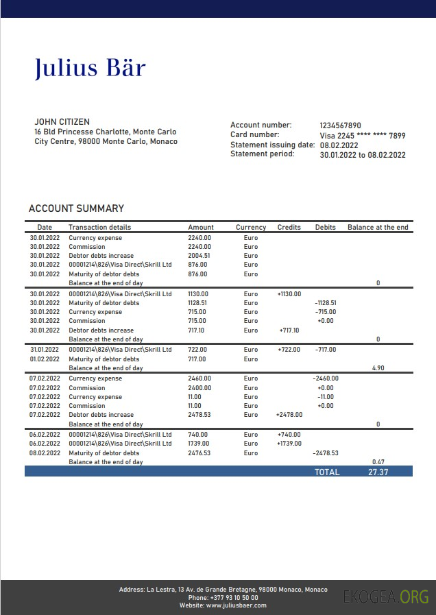 Relevé bancaire Monaco Julius Bar